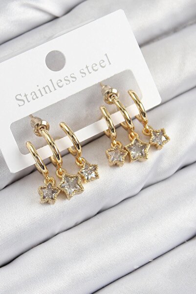 Inure Jewelry Brass Zircon Stone Dangle Star Model Gold Color Women's Earrings Daily Use