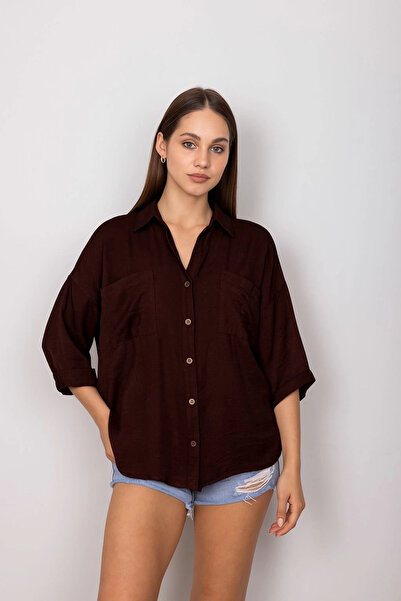 Amara Boutique XMPDBY Cămașă casual cu buzunare maro închis T1010 (214541) (M...
