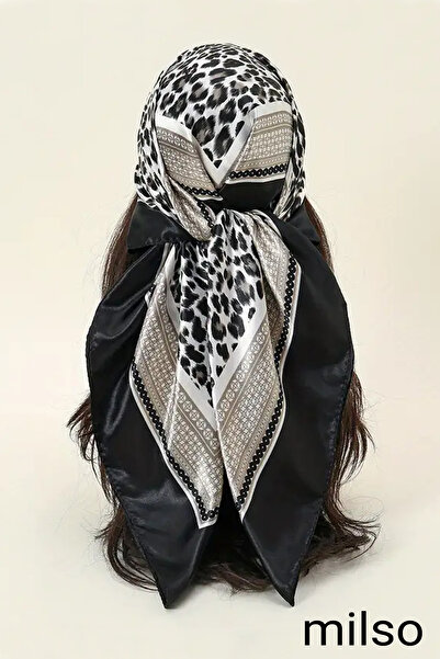MİLSO شال مربع أسود منقوش بنقشة الفهد - وشاح - شال 90 سم - تصميم أنيق وعصري