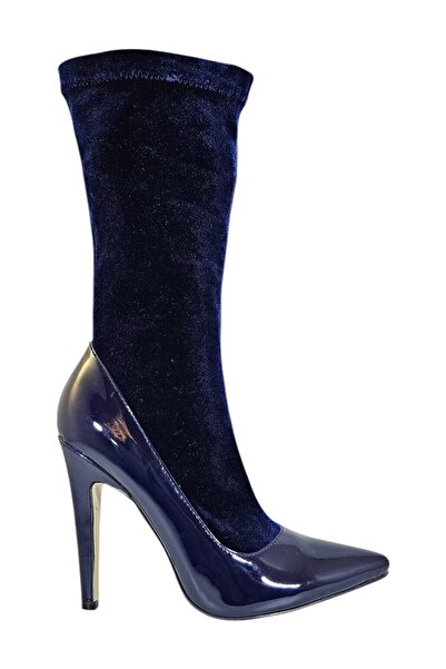 Vadodara Secret Women's Shoes, Sock Type, 11.5 cm Heel, Patent Leather & Stretch Velvet, Midn