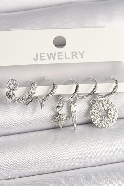 Inure Jewelry Pirinç Gümüş Renk Zirkon Taşlı Çoklu Figür Kadın Küpe Seti Günlük Kullanım