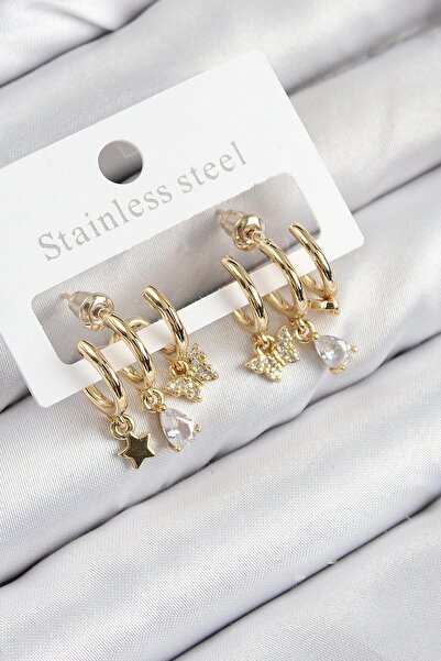 Inure Jewelry Brass Zircon Stone Star and Butterfly Model Gold Color Women's Earrings for Daily Use
