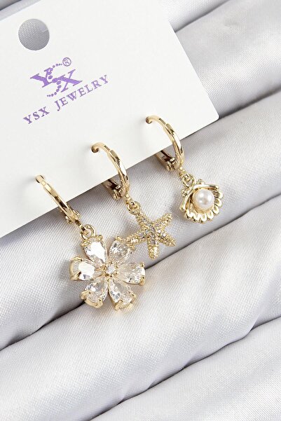 Inure Jewelry أقراط نسائية من النحاس والزركون مكونة من 3 قطع على شكل محارة وز...