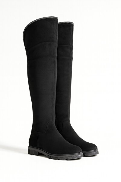 Giydim Gidiyor Tuya Süet Diz Üstü Uzun Çizme Siyah