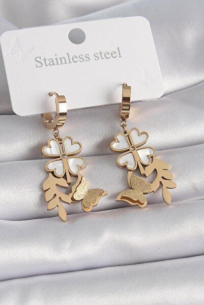 Inure Jewelry 316L Steel Gold Color White Pearlescent Clover Silvery Butterfly Figure Women's Earrings Daily Use