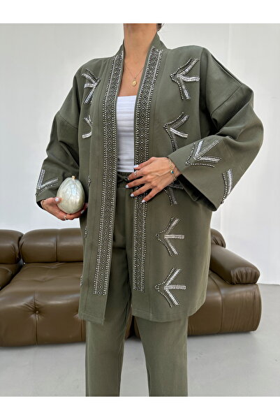 MİA NOURA Women's Front Sleeves with Embroidered Details Kimono Pants Set