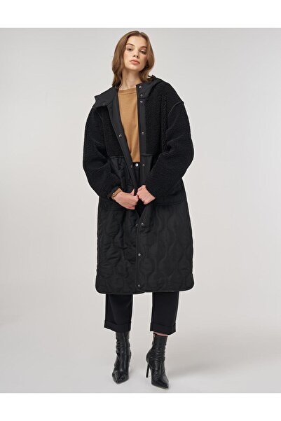 Kayra Plush Detailed Anorak Coat Black