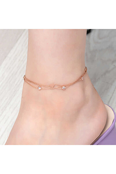 peanelife Silver Rose Double Chain Heart Zircon Stone Anklet