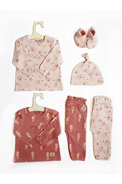 Sheer Hugs Girls Outfit Set- Shell & Sea Horse Full Sleeve Top with Full-Length Leggings & Shell Cap