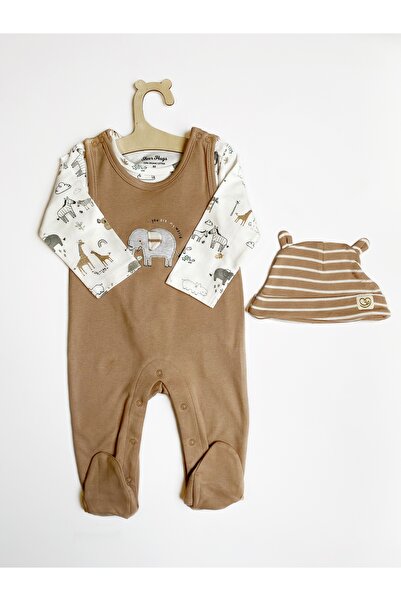 Sheer Hugs Boys’ Brown Romper with AOP Shirt & Striped Cap