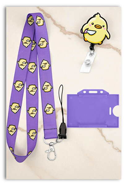 Mia Aurora Mor Civciv Bahar Tüyü Lanyard Seti Boyun Askı İpi Yoyo Yatay Kartl...