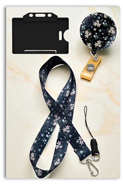 Mia Aurora Siyah Lale Gece Bahçesi Lanyard Seti Boyun Askı İpi Yoyo Yatay Kar...