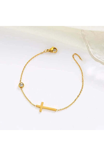 Pursehuit Brățară aurie, din oțel inoxidabil, cu piatră de zirconiu și cruciu...