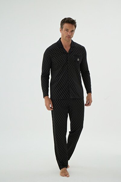 Sevim Men's Long Sleeve Front Buttoned Patterned Black Pajama Set C2T4N69