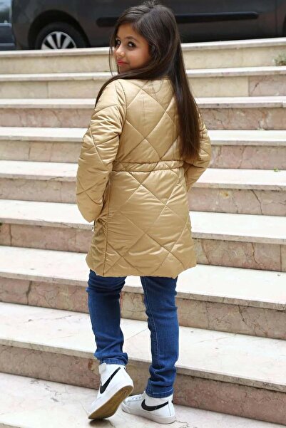 Riccotarz Palton pentru fetiță, cu dungi și cusături pătrate, cu buzunare, cu nasturi, crem