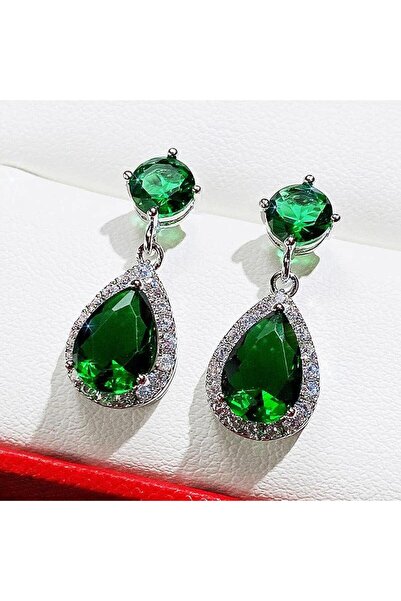 Pursehuit Silver Colour earrings, teardrop shape, with green zirconia stones,...