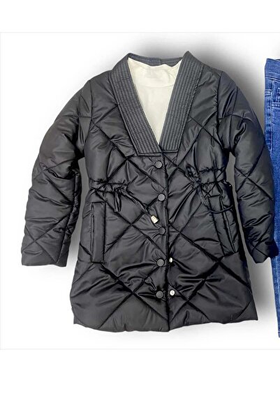 Riccotarz Palton negru pentru fetiță, cu dungi și cusături pătrate, buzunare, nasturi cu apăsare