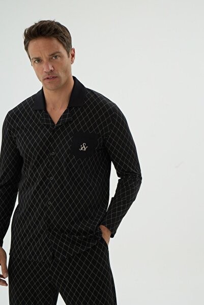Sevim Men's Long Sleeve Front Buttoned Patterned Black Pajama Set C2T4N69