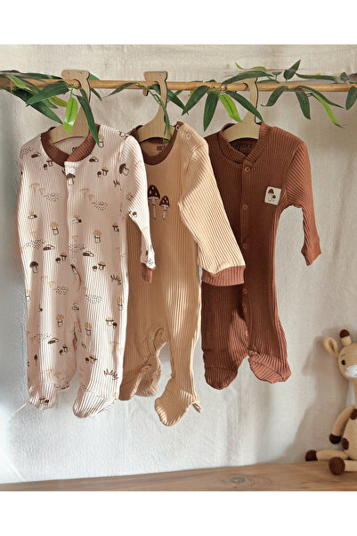 Bohem vitrin Mantar nakışlı 3lü set tulum tek boy 0-3 ay