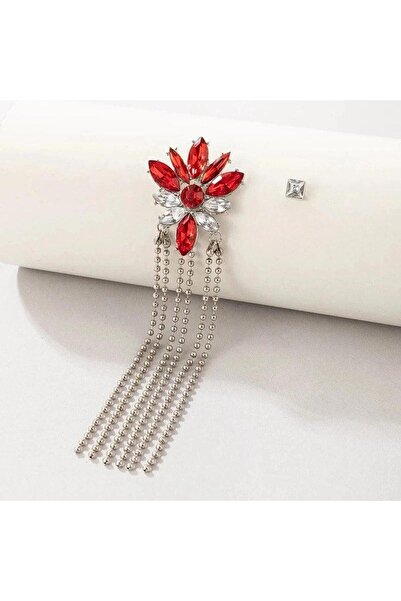 Pursehuit Cercei lungi culoare argintie, asimetrici, cu pietre roșii, Stefani...