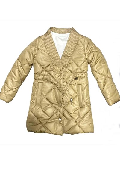 Riccotarz Palton pentru fetiță, cu dungi și cusături pătrate, cu buzunare, cu nasturi, crem