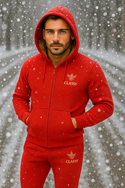 CLASSY.MODA Men's Winter Tracksuit Set – 3 Thread Fleece, Welsoft Lining, Hooded, Zippered Sportswear