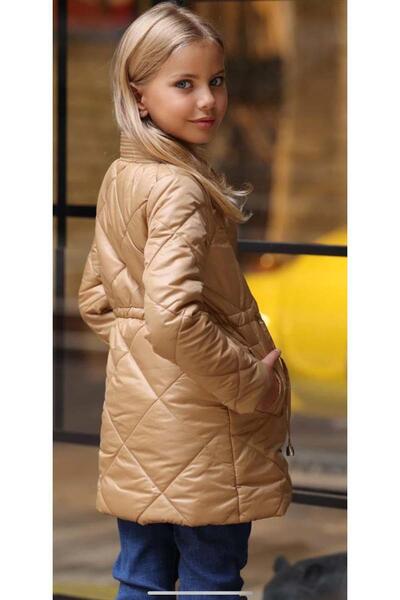 Riccotarz Girl's Puffy Cream Coat with Stripe Collar and Square Stitching Detail on Top, Pocket, and Snap Button Closure