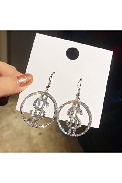 Pursehuit Στρογγυλά σκουλαρίκια, ασημί χρώματος, με πέτρες, σύμβολο δολαρίου,...