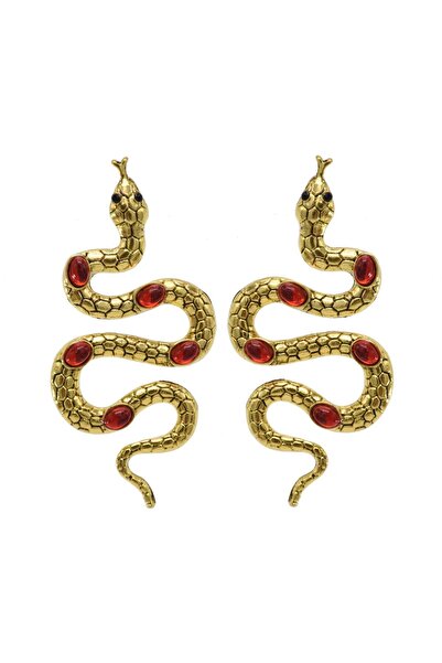 Pursehuit Χρυσά σκουλαρίκια, σε σχήμα φιδιού, με κόκκινες πέτρες, Sitha C3