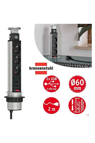 Brennenstuhl Prelungitor retractabil Brennenstuhl, aluminiu, 3 prize, cablu 2M, negru