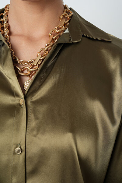 Orfeo Negro Kadın V Yaka Haki Renk Düz Saten Altın Düğmeli Gömlek