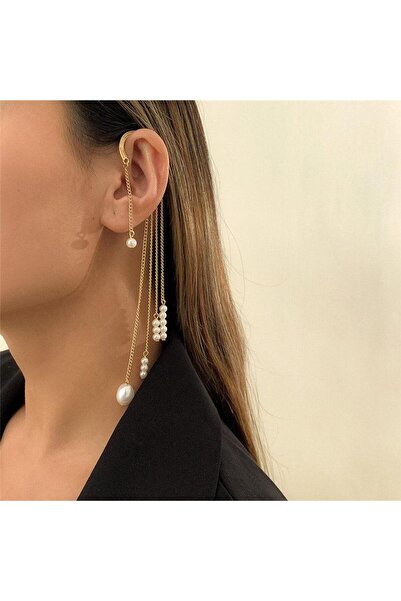 Pursehuit Σκουλαρίκι ear cuff, χρυσό, μακρύ, με κρόσσια και πέρλες, Harrietta C1