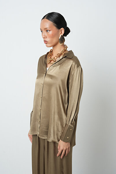 Orfeo Negro Women's V-Neck Light Khaki Color Plain 100% Viscose Gold Button Shirt