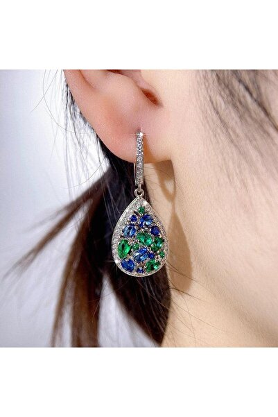 Pursehuit Cercei de culoare argintie, formă de lacrimă, cu pietre de zirconiu verzi și albastre, Sharon C12