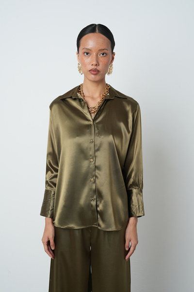 Orfeo Negro Women's V-Neck Khaki Color Plain Satin Gold Button Shirt