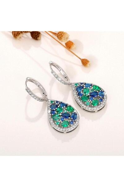 Pursehuit Cercei de culoare argintie, formă de lacrimă, cu pietre de zirconiu verzi și albastre, Sharon C12