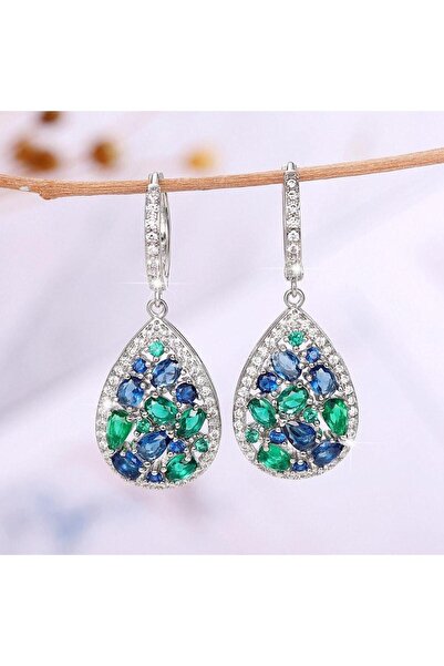 Pursehuit Cercei de culoare argintie, formă de lacrimă, cu pietre de zirconiu verzi și albastre, Sharon C12
