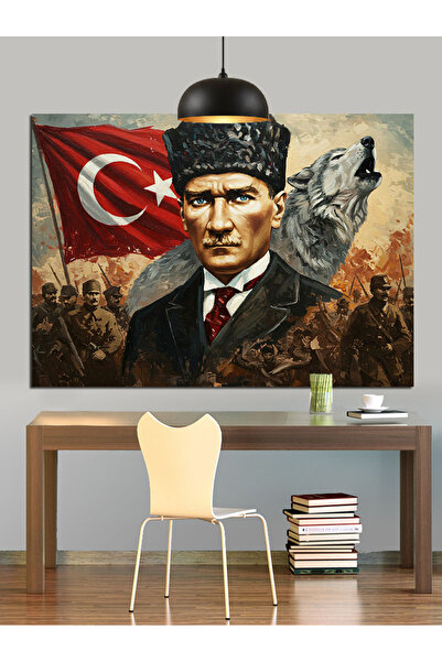 KanvasSepeti Atatürk în fața steagului turcesc Pictură în ulei Texturată Pânz...