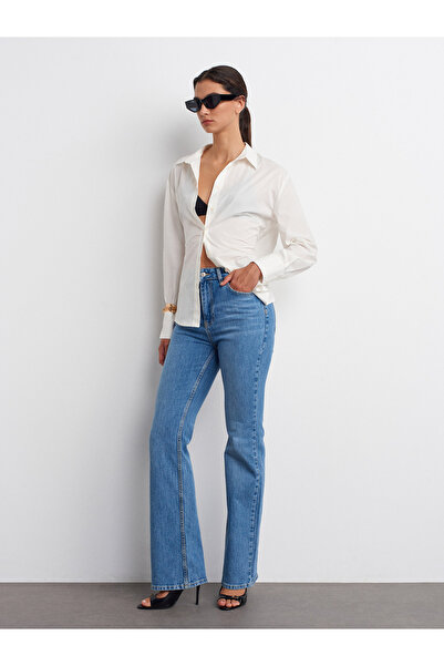 Dilvin 72051 Snow Wash Flare Denim Pants-Blue