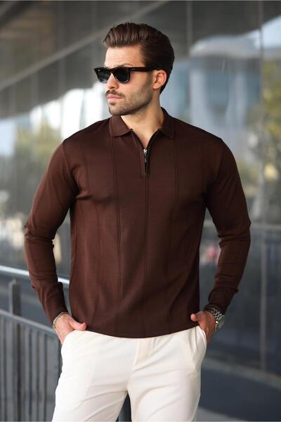 Madmext Brown Polo Neck Zippered Men's Sweater E7427