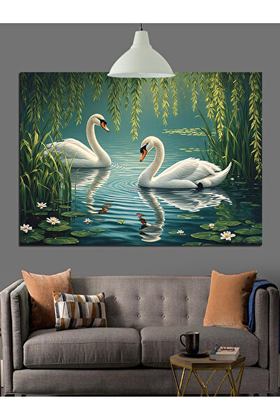 KanvasSepeti Doi cisni plutind pe lac Pictură decorativă în ulei Pânză textur...