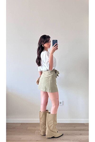 LOCH BUTİK Women's Green Suede Pleated Bow Tie Mini Skirt