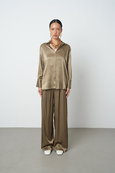 Orfeo Negro Women's V-Neck Light Khaki Color Plain 100% Viscose Gold Button Shirt