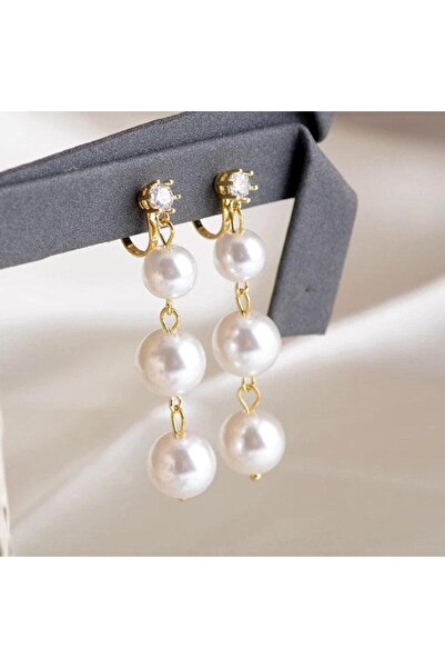 Pursehuit Gold-colored earrings, with clips, long, with stones and pearls, Eland C6