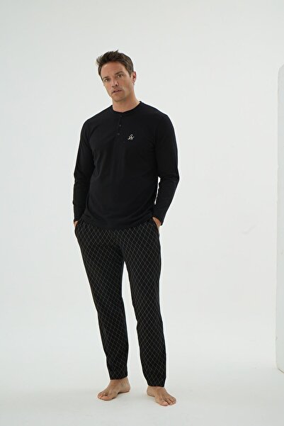 Sevim Men's Long Sleeve Buttoned Collar Patterned Bottom Black Pajama Set C3T4N69