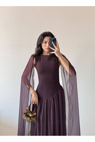 LOCH BUTİK Kadın Kahverengi Maxi Pelerinli Bağlamalı Fermuarlı Elbise