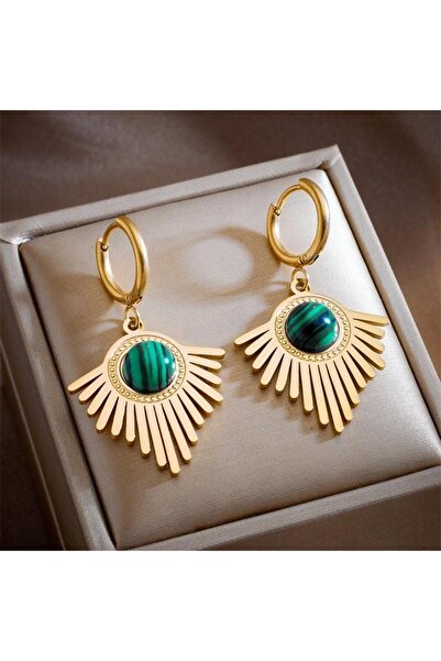 Pursehuit Golden earrings, with rays and green stones, Baldine C8