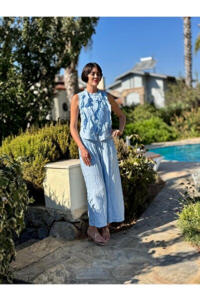 Punta Otantik Nc14092 Ruffled Sleeveless Italian Linen Suit Baby Blue