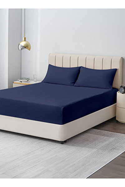 American Linen Double Plain Fitted Elastic Bedsheet with 2 Pillow Case 160 x 200 Cm Nave Blue