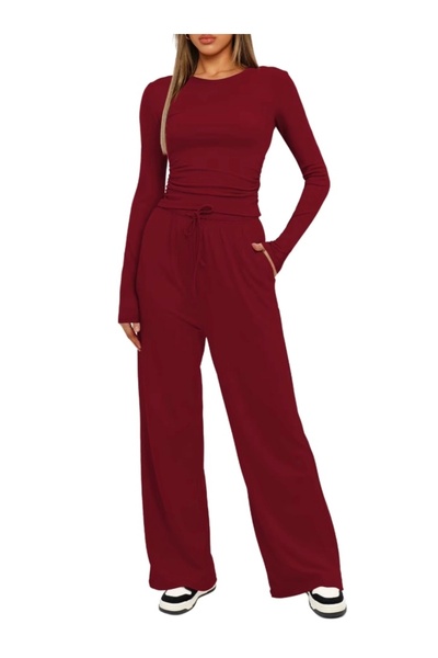 SOLOBUY Pyjamas Set Jersy Women's Long-Sleeved, Elastic Waist, Collar Round, Pants